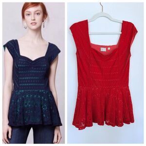 Anthropologie Postmark Swing Peplum Cap Sleeve Sweetheart Lace Top in Red Size M